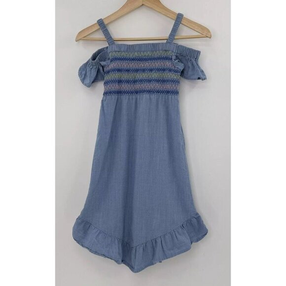 Wonder Nation Smocked Chambray Cold Shoulder Blue Dress Size 7-8 Boho Ruffles - Picture 1 of 5